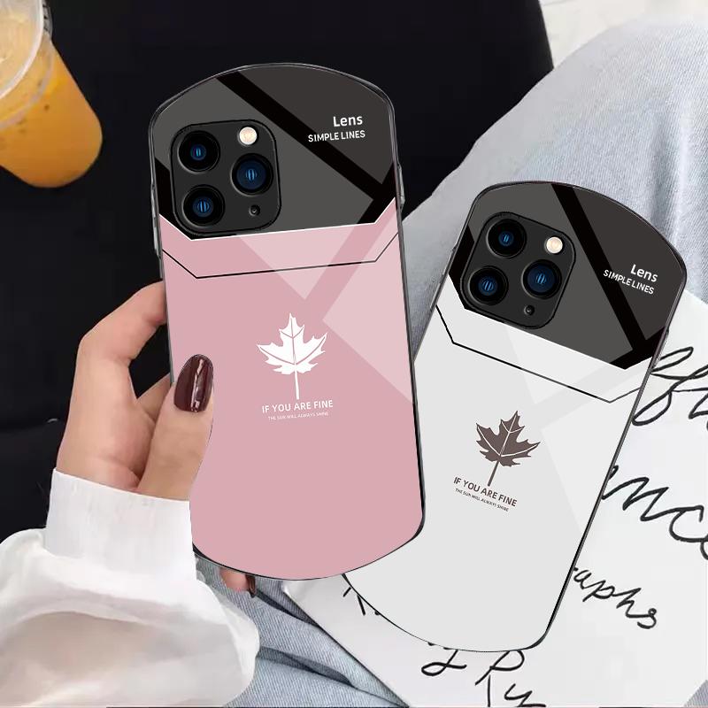 Синий Кленовый Лист Far Peak Для Iphone 11 12 13 14 15 Pro Max Plus Mini 7 8 Se 2020 X Xs Xr Эллиптический Закаленное Стекло Чехол для Телефона