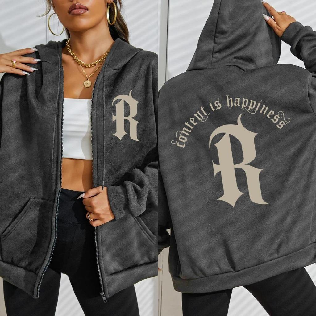 Контент - это счастье Толстовка с капюшоном на молнии с узором в виде буквы R Женская модная повседневная толстовка Свободная многоцветная худи Одежда