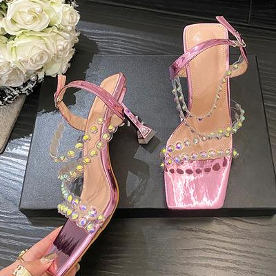 Модные розовые сандалии с ремешком на щиколотке, необычные вечерние свадебные сандалии со стразами на высоком каблуке для женщин, прозрачные туфли из ПВХ с квадратным носком