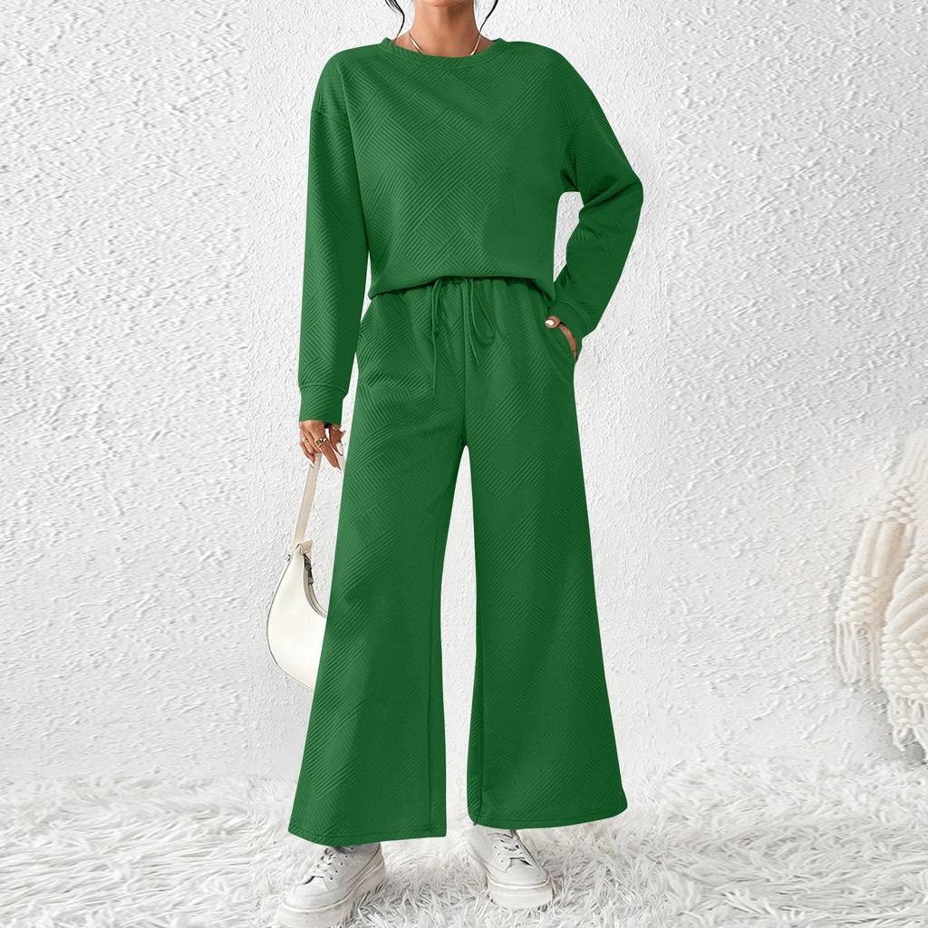 Women's Solid Color Temperament Casual Loose Textured Drawstring Elastic Waist Sports Suit