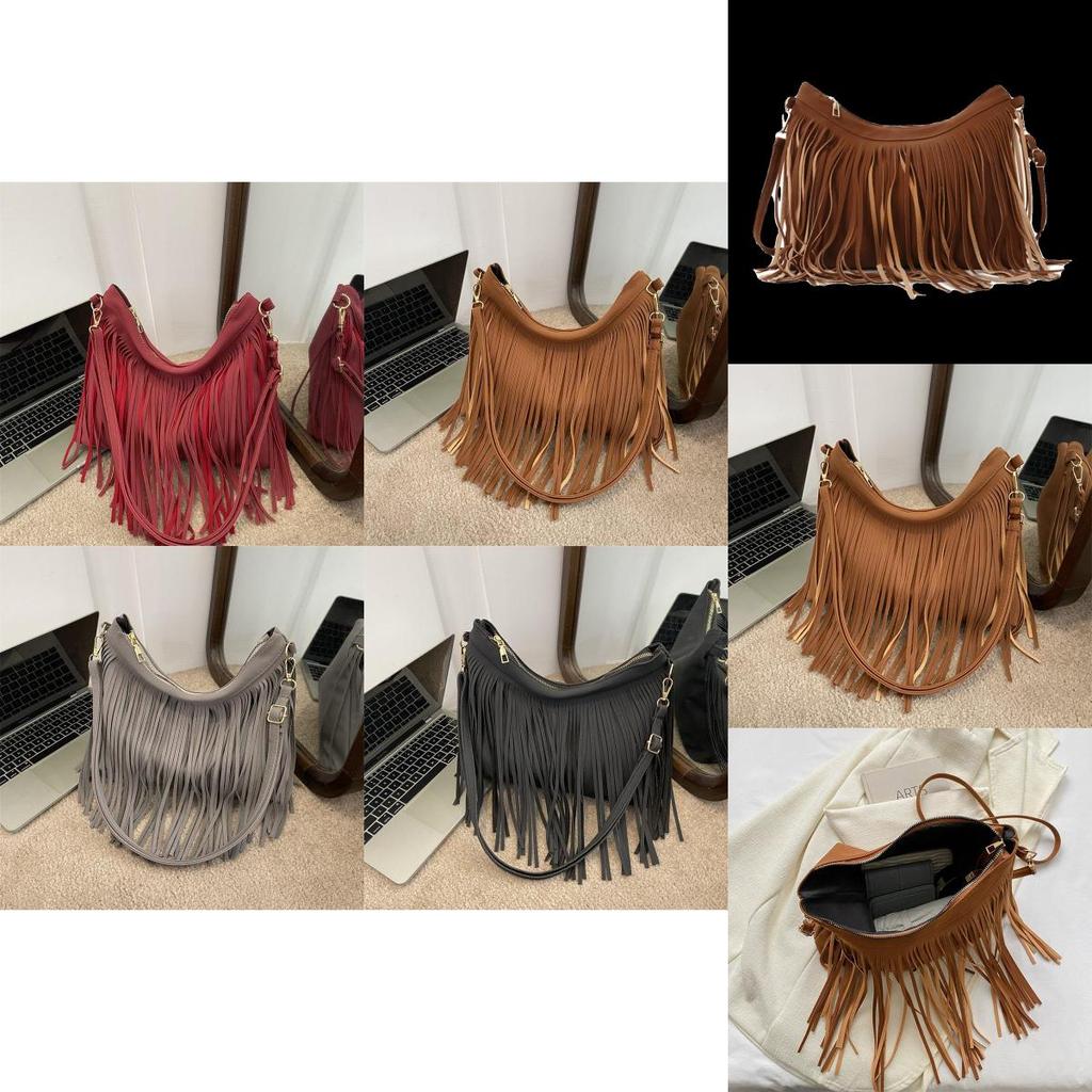 Chic Retro Soft Suede Shoulder Bag With Fashionable Fringe Design Perfect For Fall