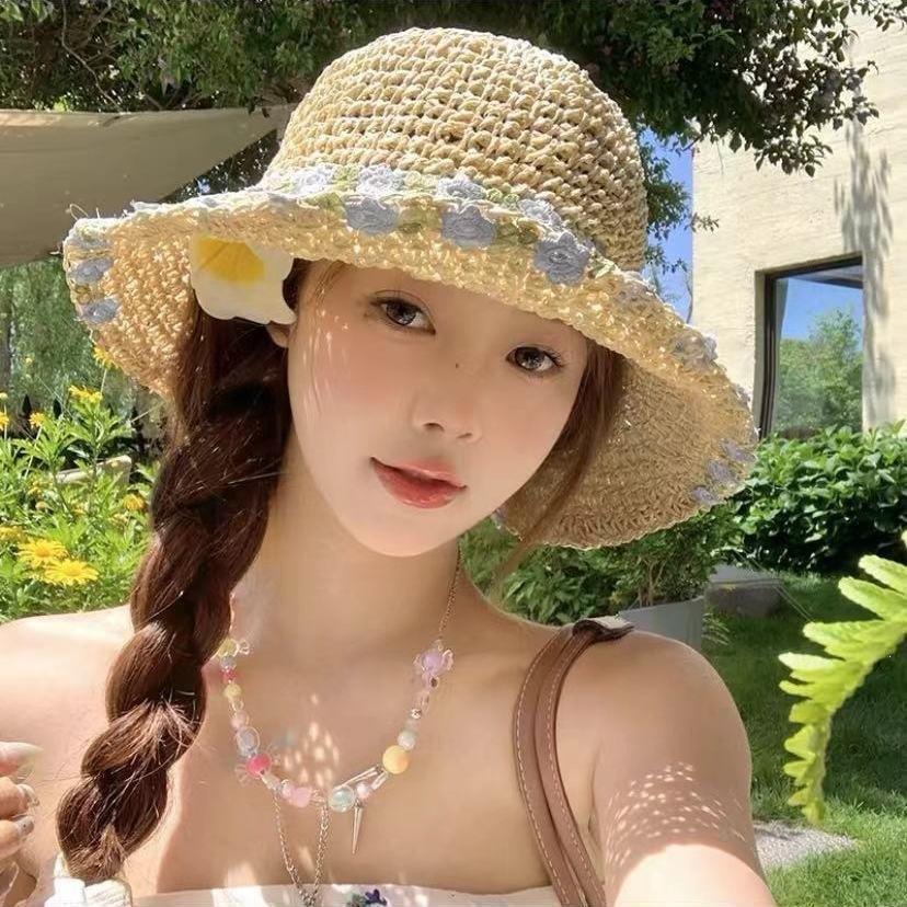 New French floral bow straw hat women's summer seaside beach vacation big eaves sunshade sun hat