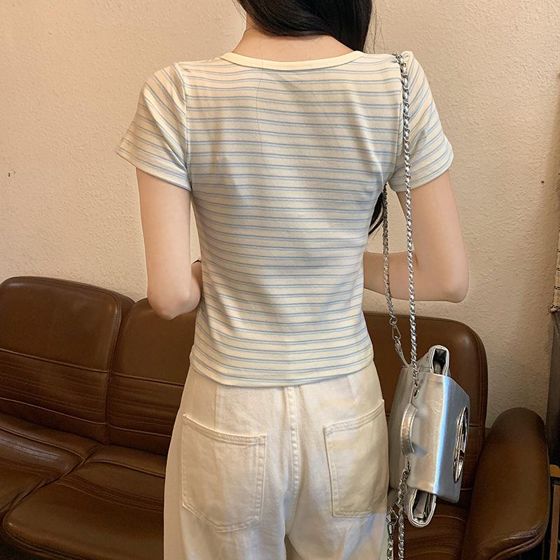 Summer 2025 Striped Slim Fit Short-Sleeved T-Shirt - Trendy American Style, Pure & Sexy Round Neck Women's Top
