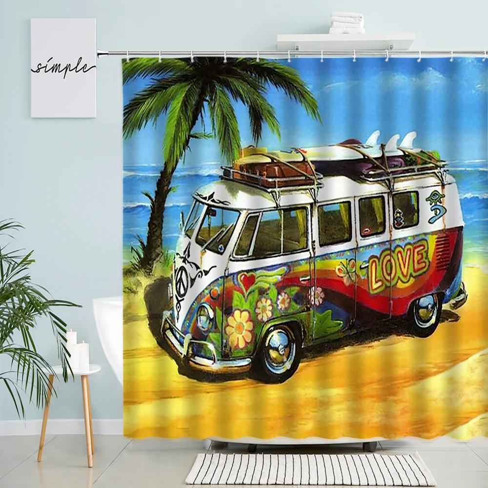 Summer Ocean Beach Camping Surf Shower Curtain Palm Trees Travel Bus Surfboard Pattern Polyester Fabric Bathroom Decor Hooks