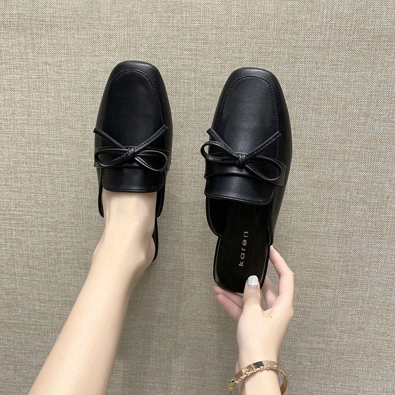 Модная обувь для женщин, мюли, женские тапочки, черные шлепанцы, сандалии с бантом, низкий каблук, натуральная кожа, распродажа 2024 года, тренд 39