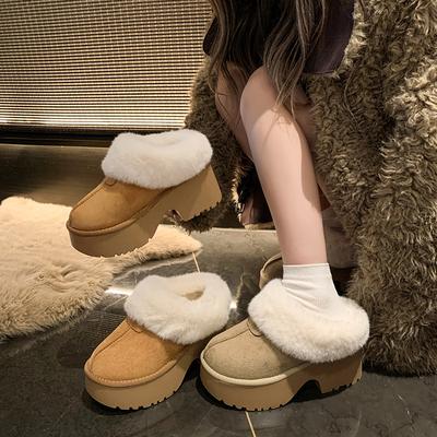 Ботильоны на платформе с мехом, женские туфли на высоком каблуке, зимние туфли-лодочки «Челси», теплые плюшевые туфли на толстом каблуке, тренд 2024 года, повседневные замшевые ботинки-ботинки женские