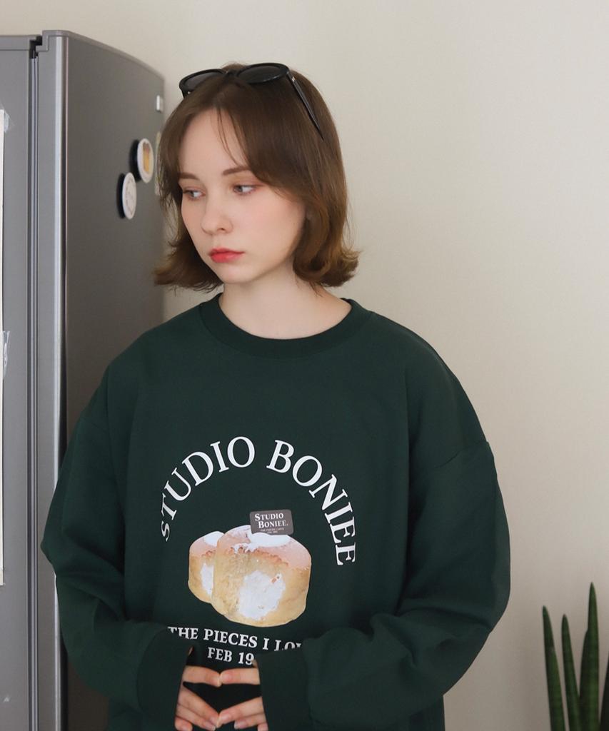 BONIEE [Fleece Lined] Custard Collage Logo Graphic Oversized Sweatshirt Green