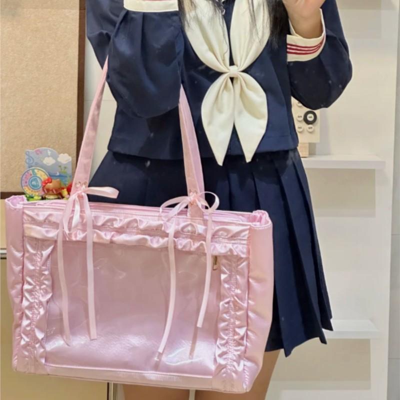 Japanese Sweet Cute Satin Bow Tie Shoulder Bag Women Transparent Badge Anime Ita Bag Ladies Large Capacity Square Handbag 2025