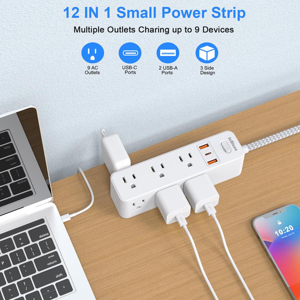 3-sided 9 AC Outlets US Plug Multitap Socket Extension Cord Electrical Power Strip with USB Type C Fast Charging Network Filter