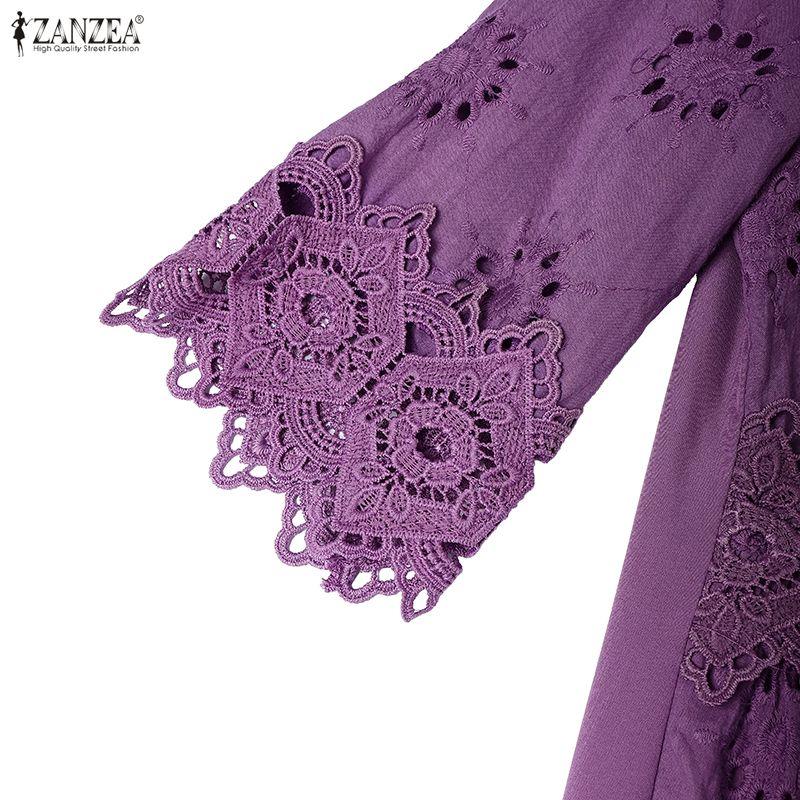 ZANZEA Женское повседневное платье с круглым вырезом, рукавом 3/4, свободное, лоскутное, с кружевом