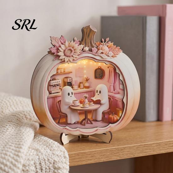 Indoor Fall Seasonal Ornament Halloween Ghost Pumpkin Wooden Plaque, 2D Flat Tabletop Sign, Desktop Festive Home Accessory Spooky Bathing Reading for