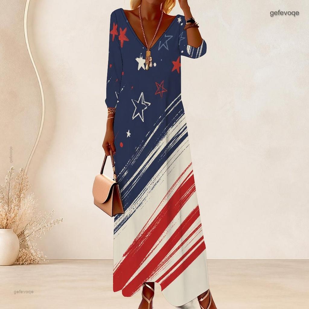 Plus Size Women V Neck 3 4 Sleeve Maxi Dress Comfortable Soft Holiday Gown