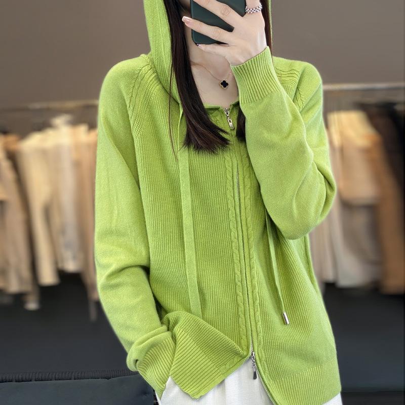 Кардиган с капюшоном на двойной молнии для женщин в осенне-зимней моде. Универсальная теплая вязаная куртка. Универсальная толстовка с длинным рукавом.