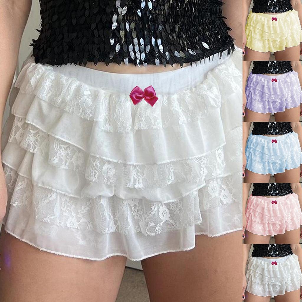 Women's Fashion Solid Color Pleated Sexy Lace Cake Stacked With Ruffle Edges Low Waist Shorts