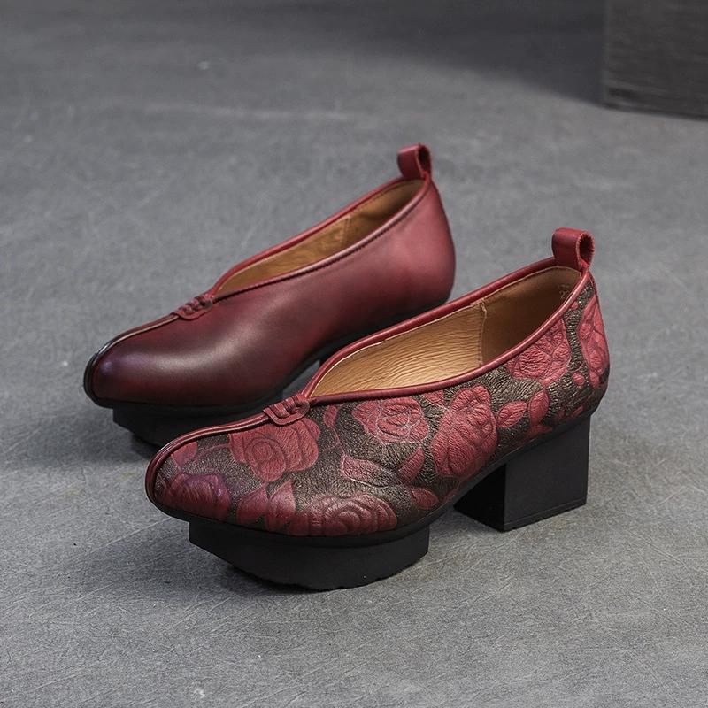 Мода GKTINOO Весна Осень Этнический Стиль Круглый Носок Высокий Каблук Туфли для Мамы Кожаная Платформа Ретро Натуральная Кожа Лодочки Женская Обувь