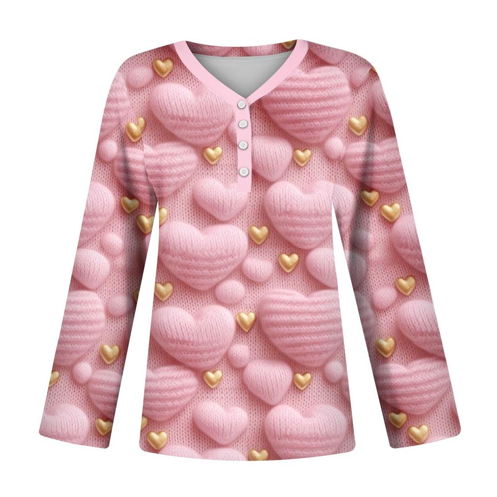 Женский модный повседневный топ с длинным рукавом и V-образным вырезом на пуговицах ко Дню святого Валентина с принтом в виде сердца