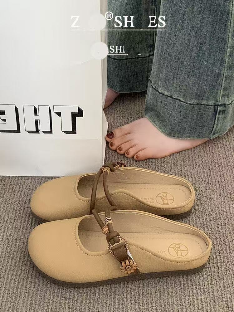 Summer outer wear bag head half slippers women's 2025 new super fire flat bottom one pedal lazy half tray French cool slippers