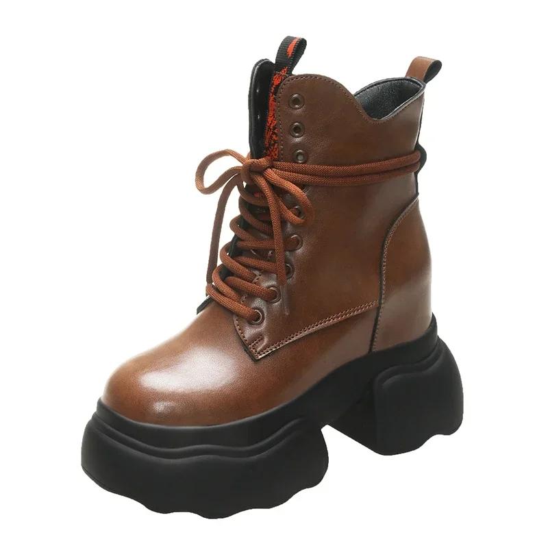 Модные женские ботильоны 11 см на платформе, кроссовки на высоком каблуке, кожаные толстые ботинки, новые осенне-зимние мотоциклетные ботинки со шнуровкой Botas Mujer