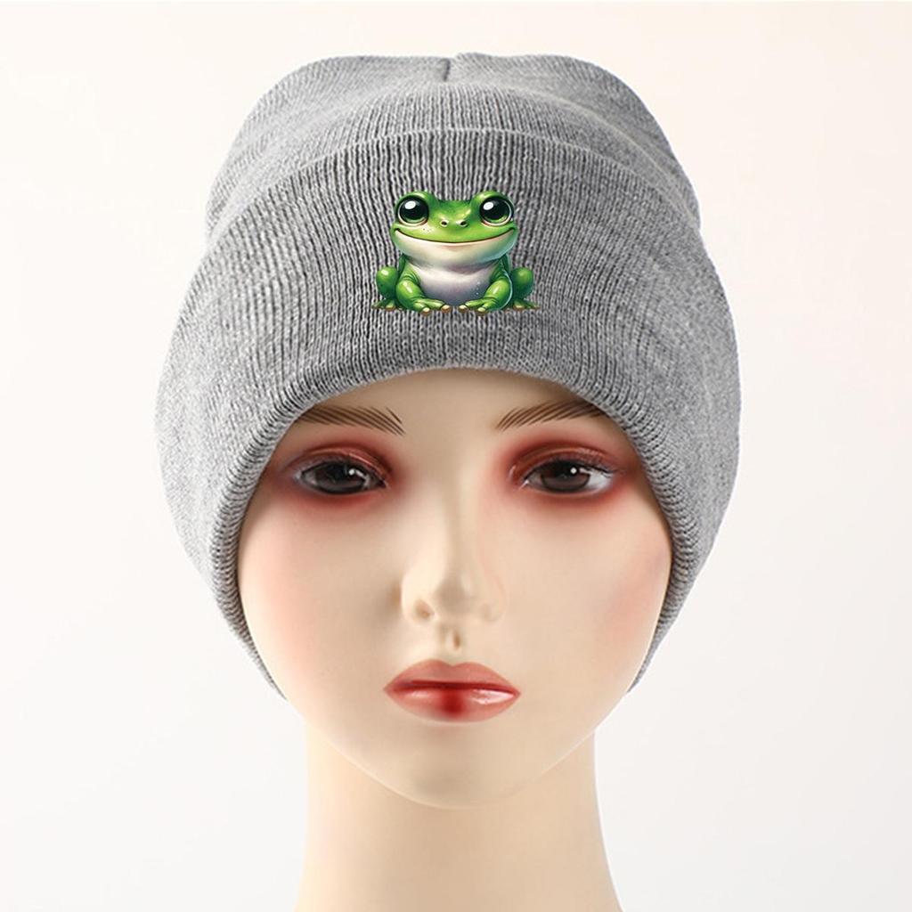 Smiling Frog Warm Knitted Hat Beanie, Woman Cap Cuff Winter Trendy Headwear Knit Cap Beanie