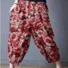 Женские летние брюки-фонарики из хлопка и льна с художественным принтом в стиле ретро, свободные брюки с цветочным узором на резинке, повседневные укороченные брюки