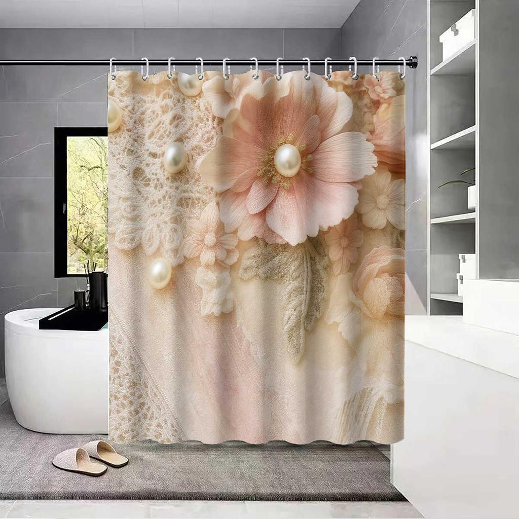 1PC Pearl Floral Pattern Printed Shower Curtain, Rural Life Style, with 12 Hooks, Bathroom Showers, Bathtub, Home Use