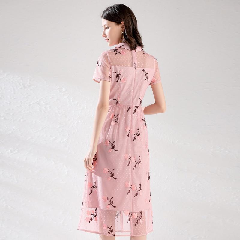 Summer Fashion Lapel Embroidered Plum Blossom Commuting Mid Length Skirt Slim Fit Short Sleeved Lace Dress