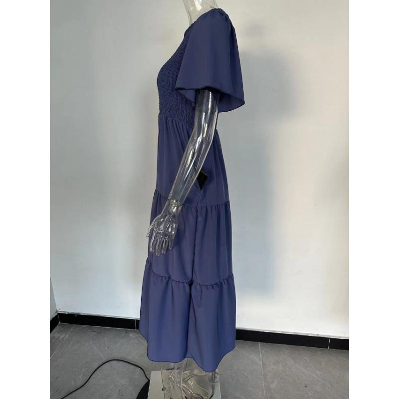 Summer Women's Dress Waist Slim Large Swing Dress Round Neck Range Holiday Dress