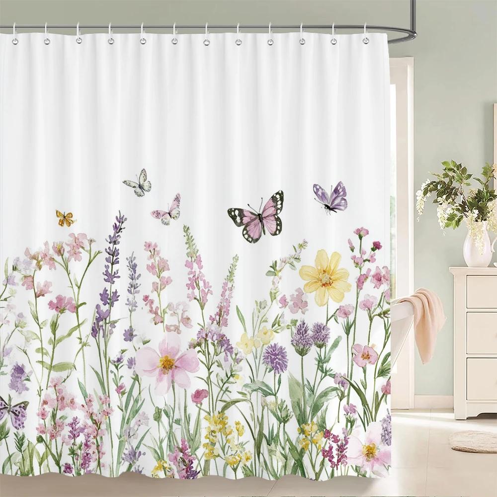 Watercolor Flowers, Leaves And Butterflies Shower Curtain Floral Printed Bathroom Bath Curtain Home Decor Curtain With Hooks