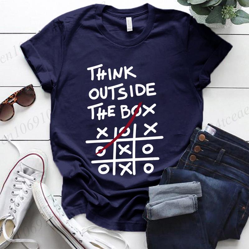 Think Outside The Box Printed Women T-Shirts, Women's Casual Tee Shirts Clothing Short Sleeve Crew Neck Top for Summer & Spring