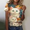 Summer Round Neck 3D Cartoon Cute Cat Print Top Fashionable Casual Short Sleeved Women's T-shirts