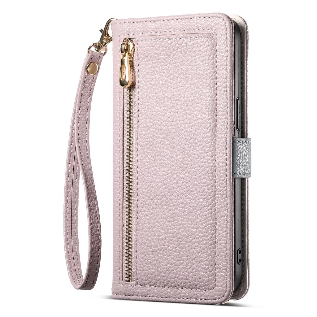 ESEBLE E11 For iPhone 17 Pro Max Case Zipper Pocket Litchi Texture Leather Phone Cover with Mirror and Wrist Strap