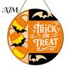 Indoor Outdoor Decor Halloween Trick or Treat Wooden Door Sign, Retro Round Bat Silhouette Decorative Hanger Hanging Plaque for Home Front