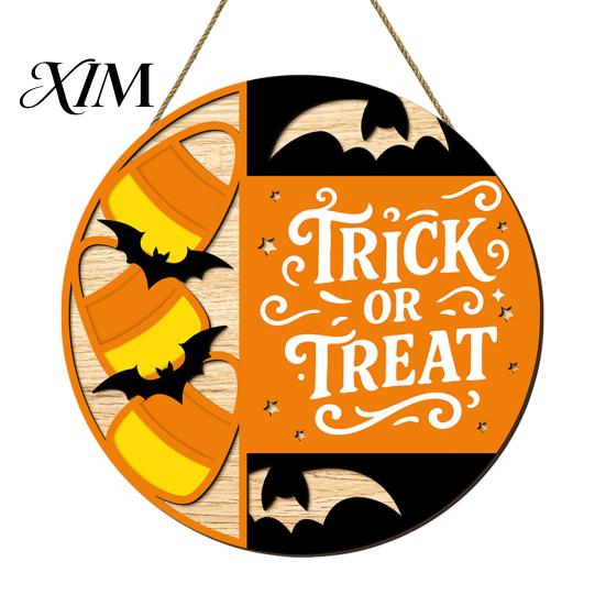 Indoor Outdoor Decor Halloween Trick or Treat Wooden Door Sign, Retro Round Bat Silhouette Decorative Hanger Hanging Plaque for Home Front