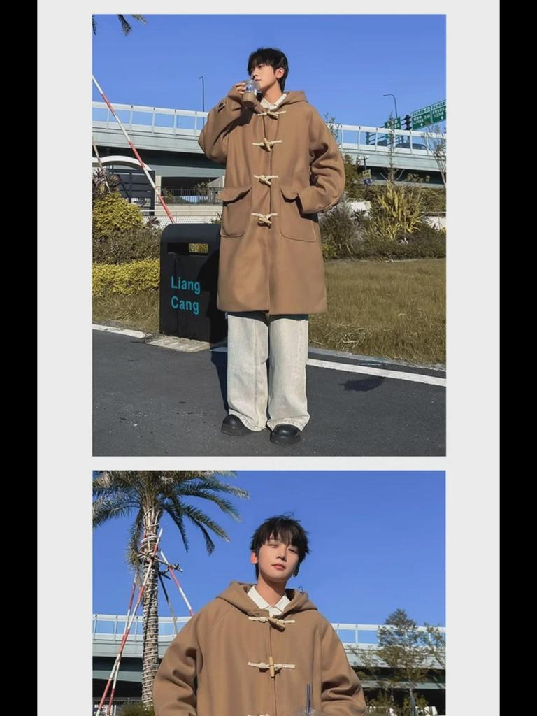 Мужское толстое шерстяное пальто в корейском стиле: Красивый, теплый, высококачественный, свободный, длиной до колена для осени/зимы