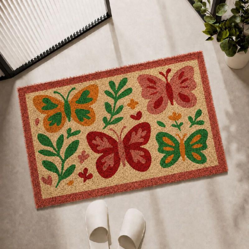 Floral Coir Doormat Non Slip Durable Indoor Outdoor Entryway Kitchen Bathroom Floor Mat