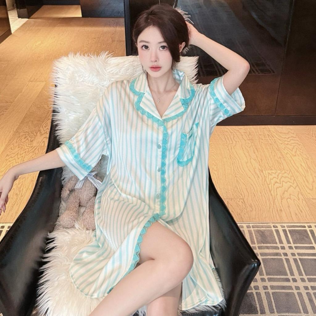 Spring and summer new love striped ice silk pajamas women's loose fashion shirt skirt short sleeves sweet age reduction relaxation