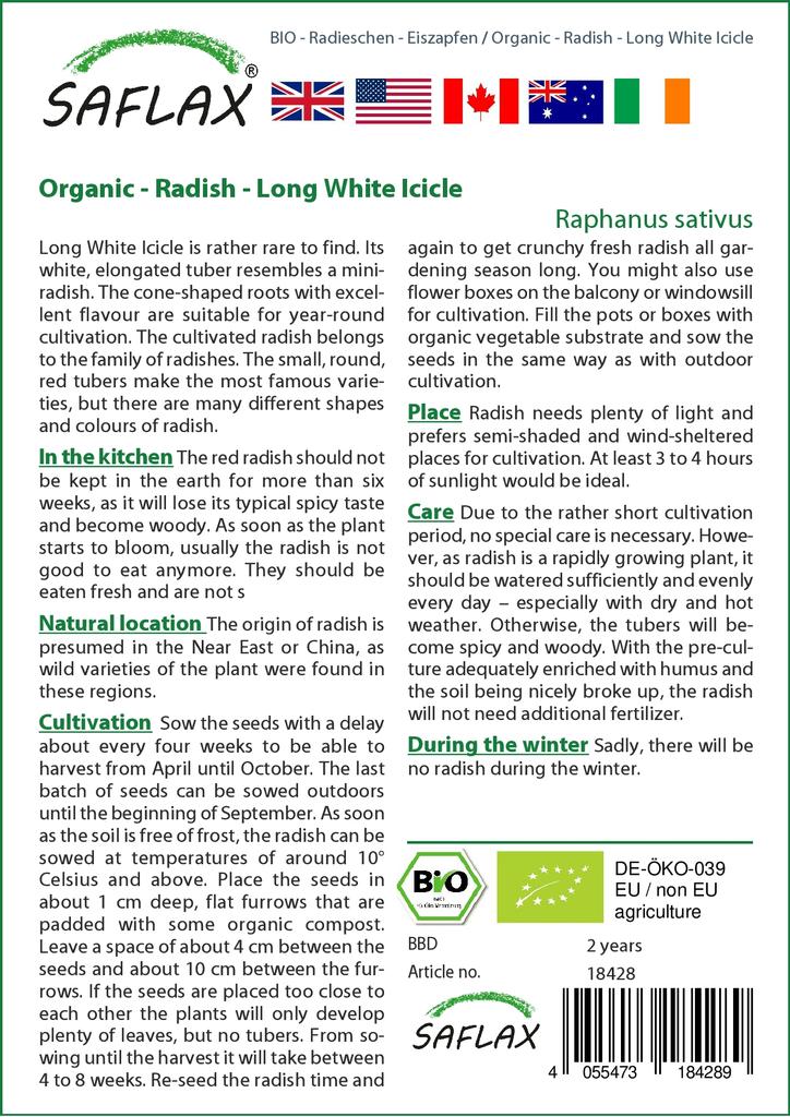 SAFLAX Сад в сумке - Органический - Редис - Длинная белая сосулька - 100 семян - С субстратом в подходящем стоячем мешке - Raphanus sativus