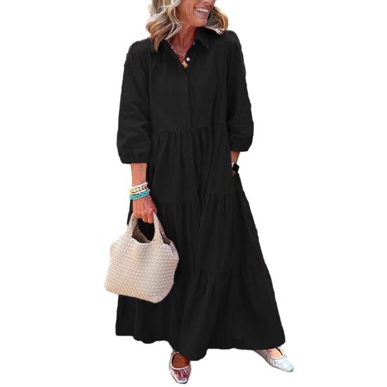 Women's 3/4 Sleeve Maxi Dress Button Up Lapel Swing Dress with Pockets A-line Ruffles Tiered Beach Sundress