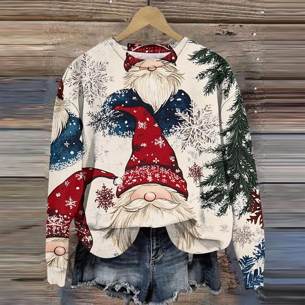 Женская мода круглый вырез пуловер длинный рукав футболка рождественский принт топ