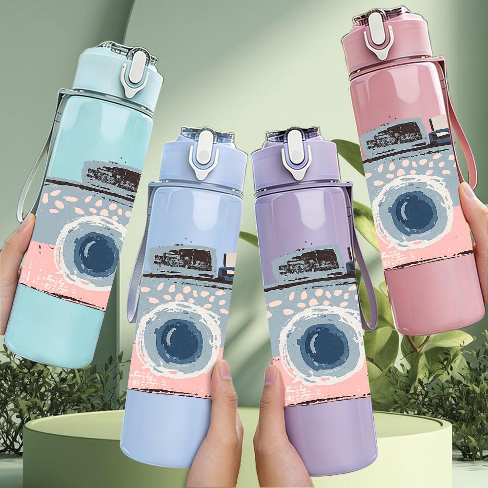 1PC Retro Pink Pastel Camera Print 750ml Color Plastic Sports Water Bottle Leakproof Flip Straw Lid Suitable for Sports Office Home Use