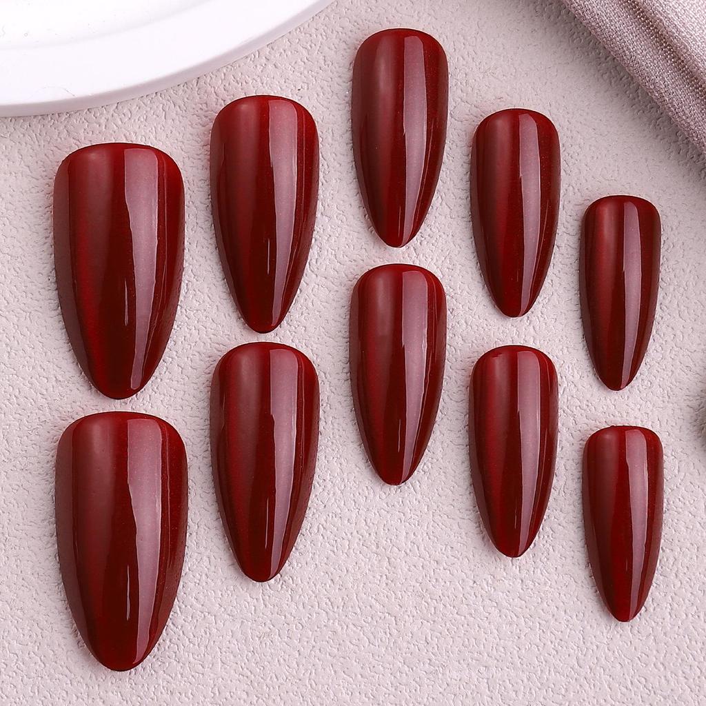 Elegant Wine Red Cat Eye Almond Medium-Long Nail Art Tips - European & American Style