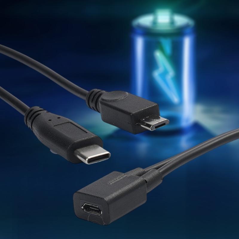 Двойной выходной кабель для зарядки Маленький USB-вход типа "мама" и Type-C-выход типа "папа" плюс маленькие USB-выходы типа "папа" 27 см для телефонов и планшетов