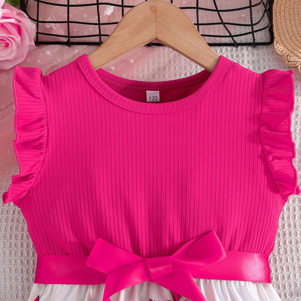 Girls' Butterfly Print Sleeveless Dress + Belt 2025 Summer Children's Fashion Casual Dress