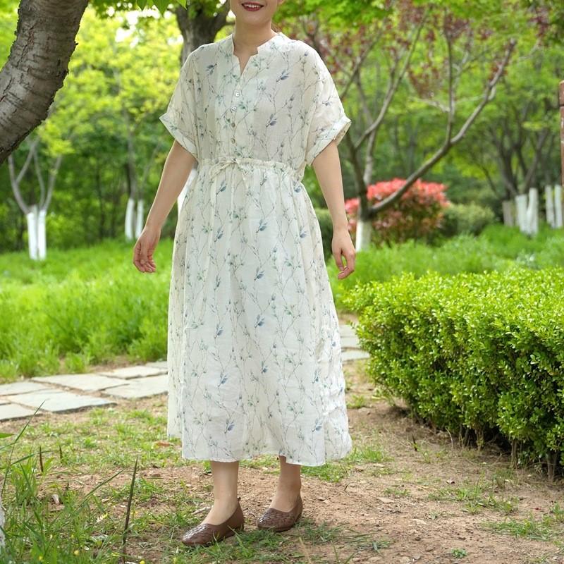 Johnature Женское весеннее модное винтажное платье с короткими рукавами и принтом в китайском стиле, повседневное стринговое платье с v-образным вырезом