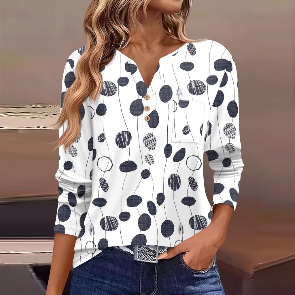 Женская футболка с длинным рукавом на пуговицах, повседневная, выходного дня, модная, базовая, с V-образным вырезом, обычная, с карманом