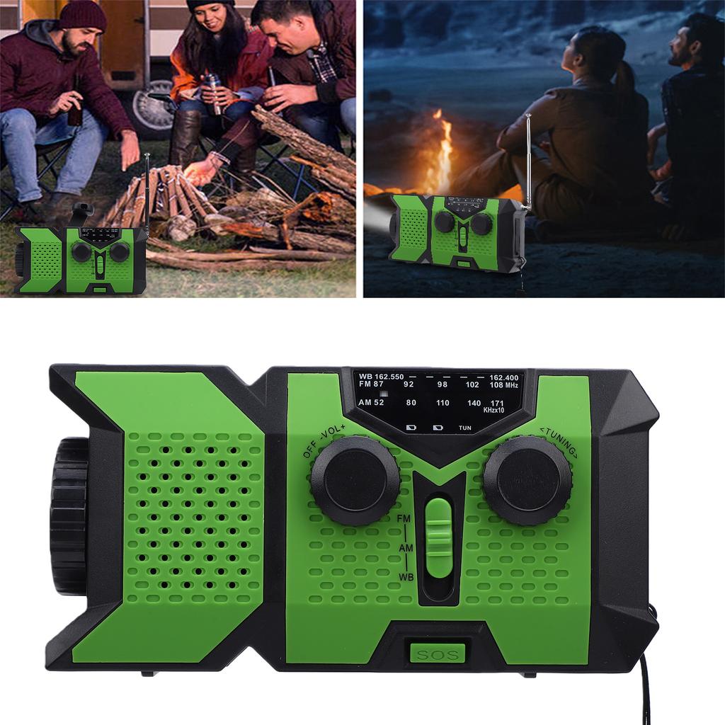 AM FM WB Radio Hand Crank Solar Battery Operated Portable Radio with Weather SOS Alert LED Flashlight for Camping Emergency Green