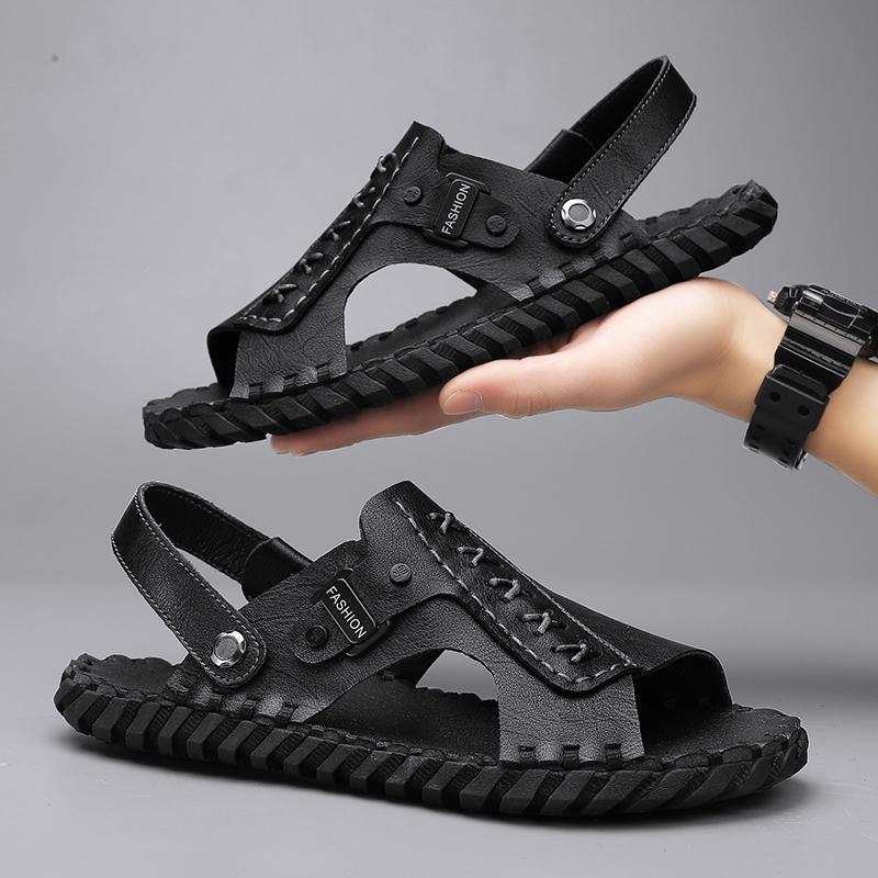 Fashion Classic Outdoor Men Sandals Handmade Leather Summer Flats Casual Lightweight Man Beach Shoes Quick Dry Wading Aqua Shoes Sandals