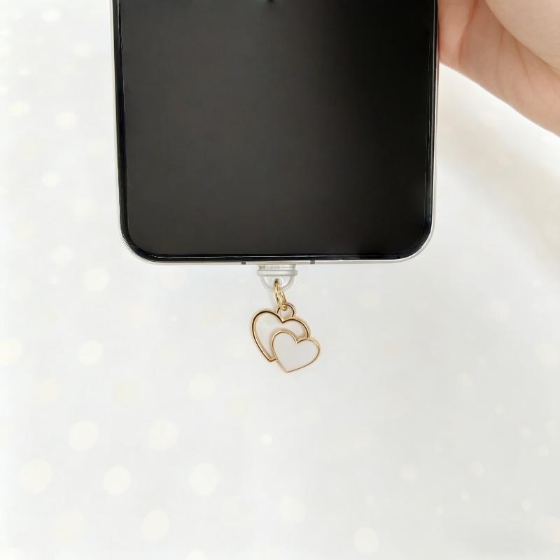 Double Heart-Shaped Phone Dust Plug, Gentle Pink and White Dual-Color Hollow Heart Design, Charging Port Dust Protection Plug