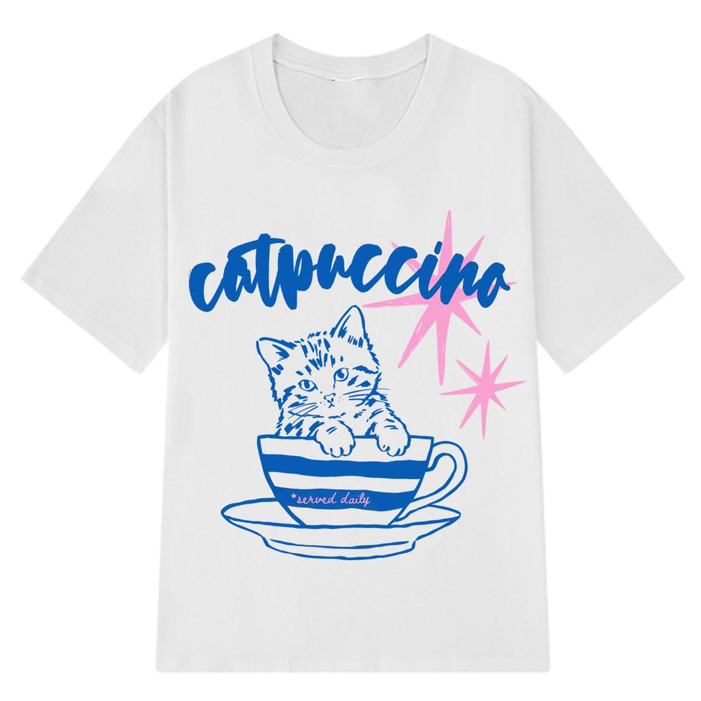 Catpuccino Funny Cat Coffee Meme T Shirt Men Women Fashion Clothing T-shirt Short-sleeved Loose Casual Cotton Oversized T-shirts