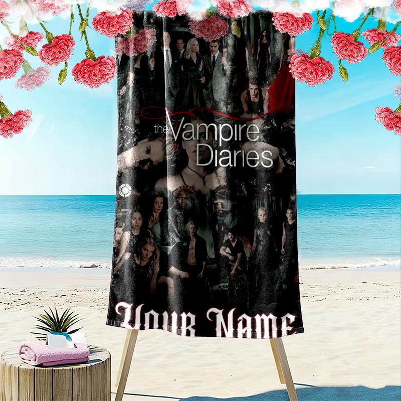 Custom Name Vampire Diaries Print Beach Towel, Large Soft Quick Dry Towel for Beach Camping Swimming
